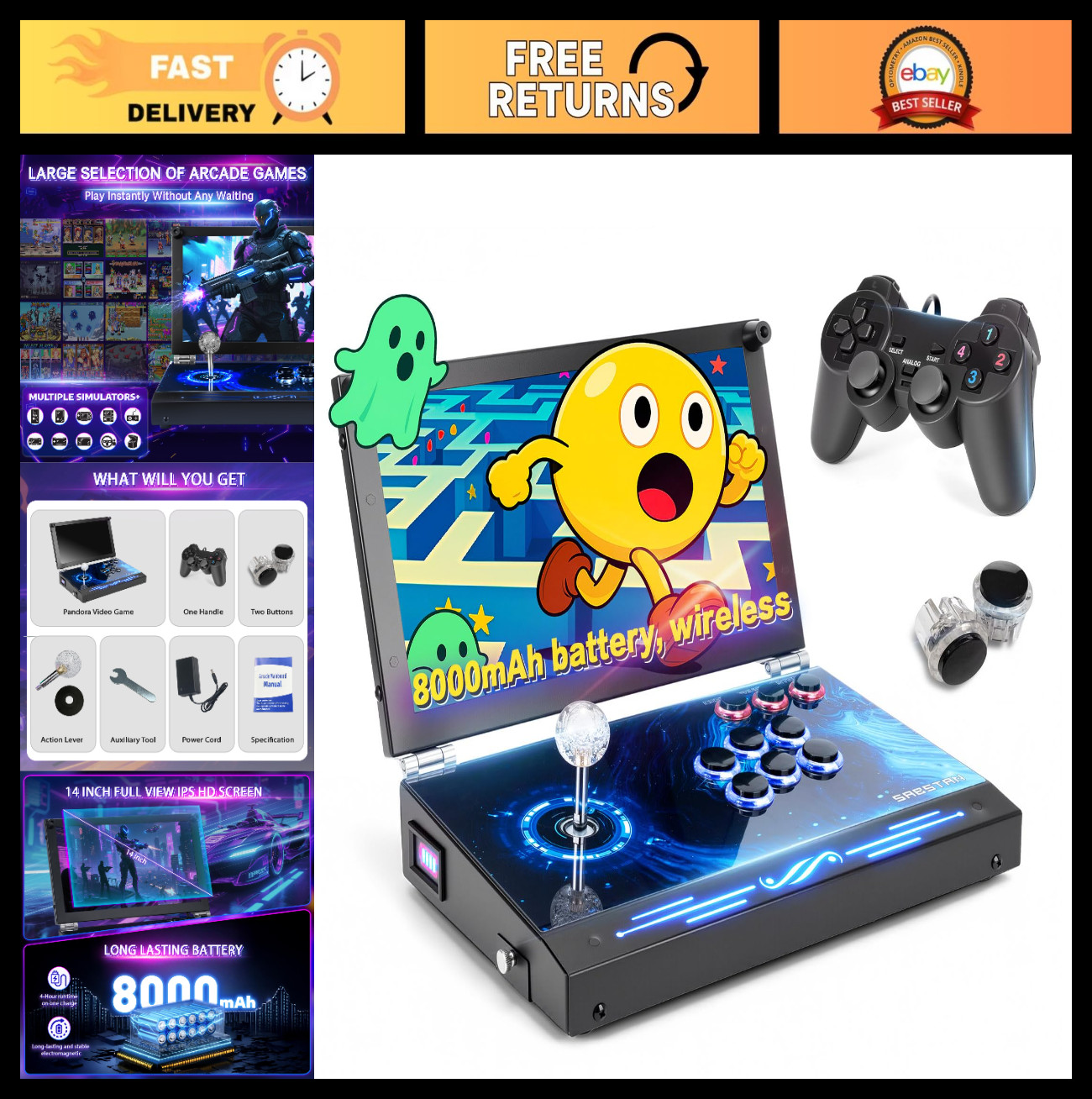 Upgraded Portable Arcade Machine – 8000mAh Retro Gaming Console, Extra Gamepad,