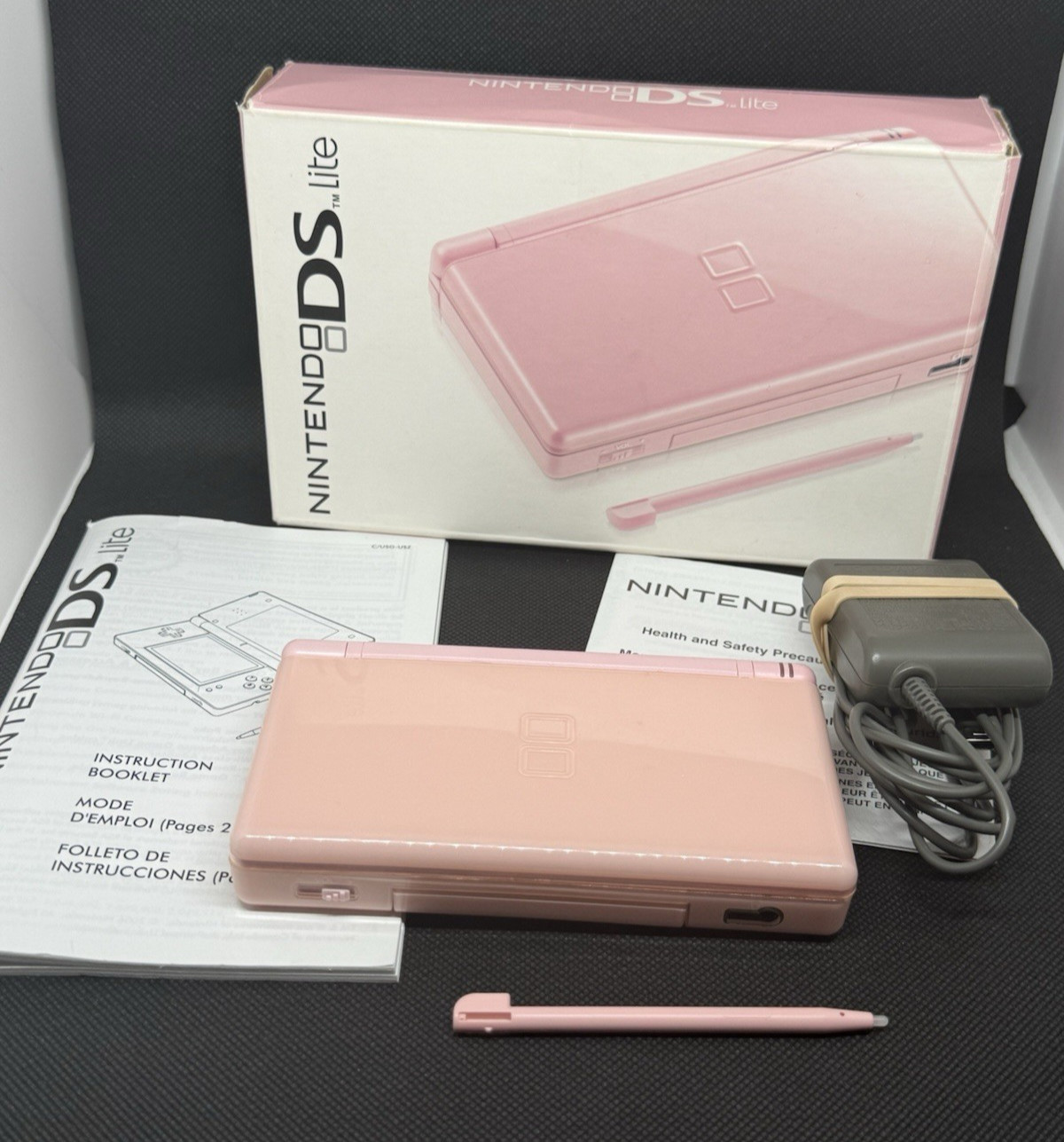 CIB Coral Pink Nintendo DS Lite Handheld Console In Box Charger Manual Inserts
