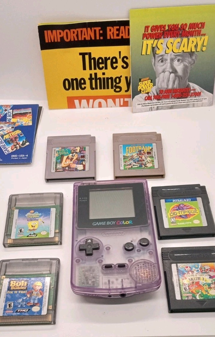 Nintendo Game Boy Color Atomic Purple Paperwork + 6 games *Tested*
