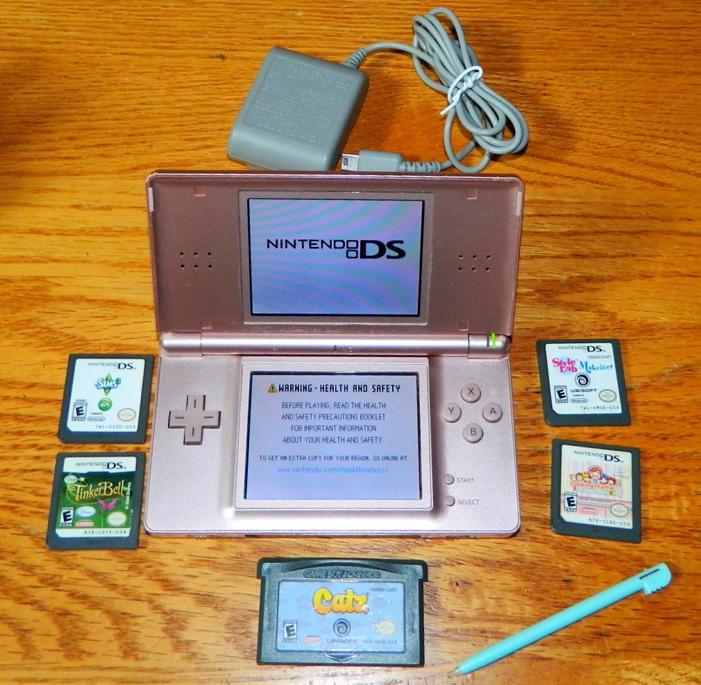 Nintendo DS Lite USG-001 Handheld Console w/ 5 Games Stylus New Power Cord Works